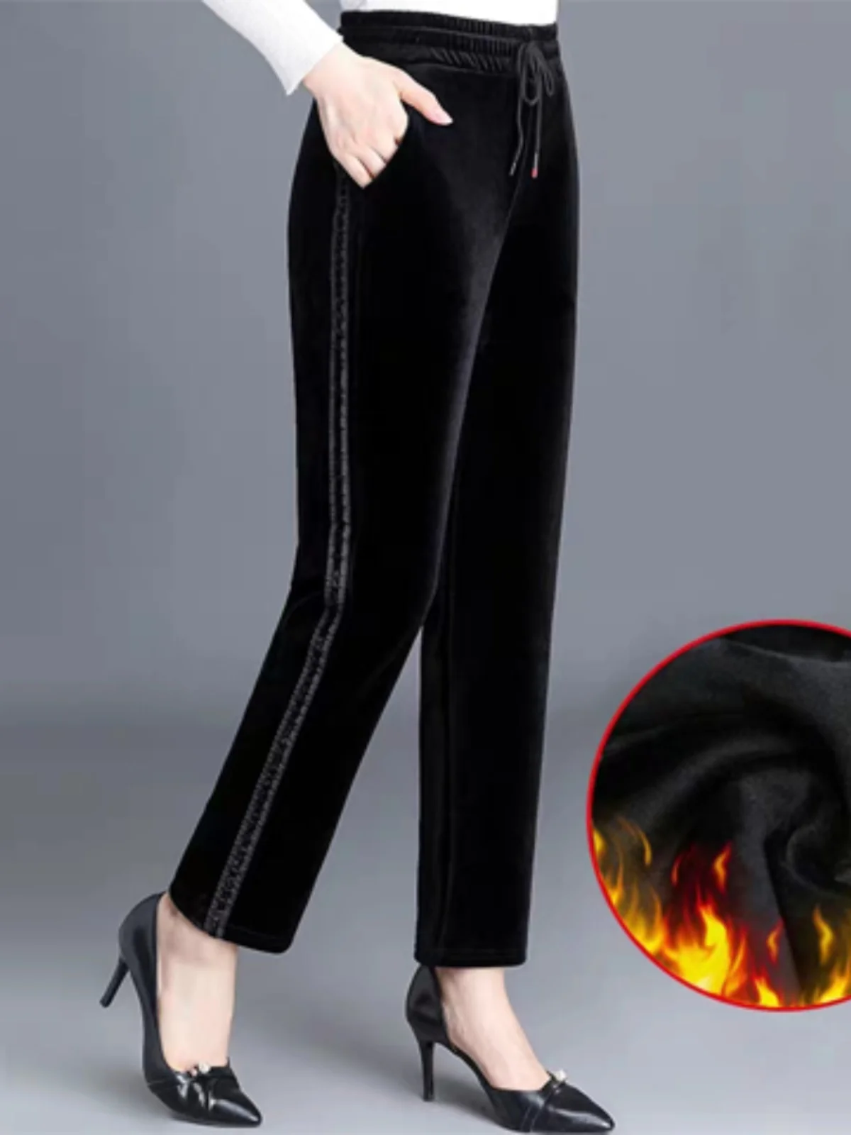 

Thickened Fleece Lined Gold Velvet High Waist Straight Leg Pants Women Casual Sports Trousers Mid-aged And Elderly Size plus