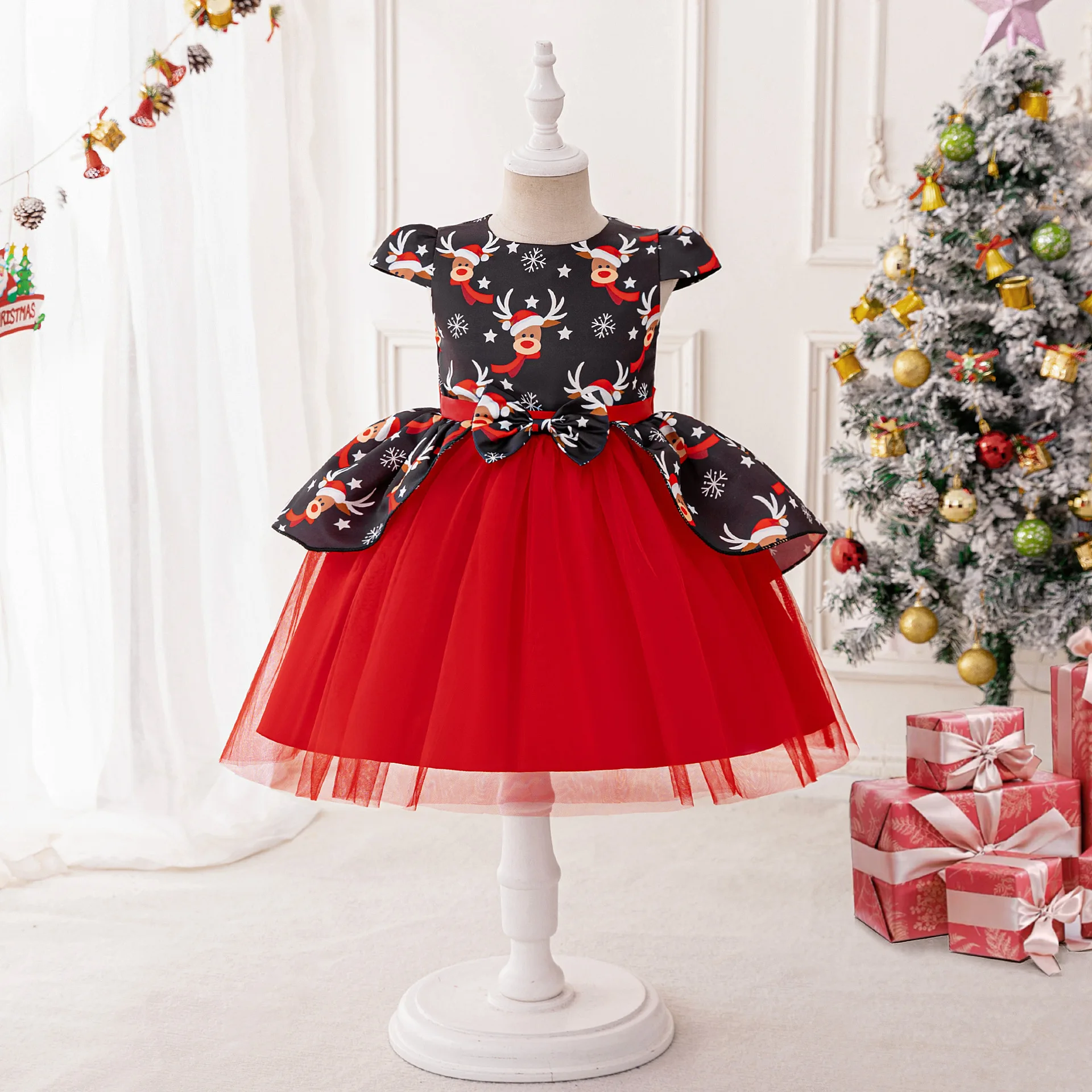 2025 Christmas Gift Clothes Girls Party Dresses Santa Claus Deer  Print Tulle Birthday Princess Dress Bridemaid Kids Clothing