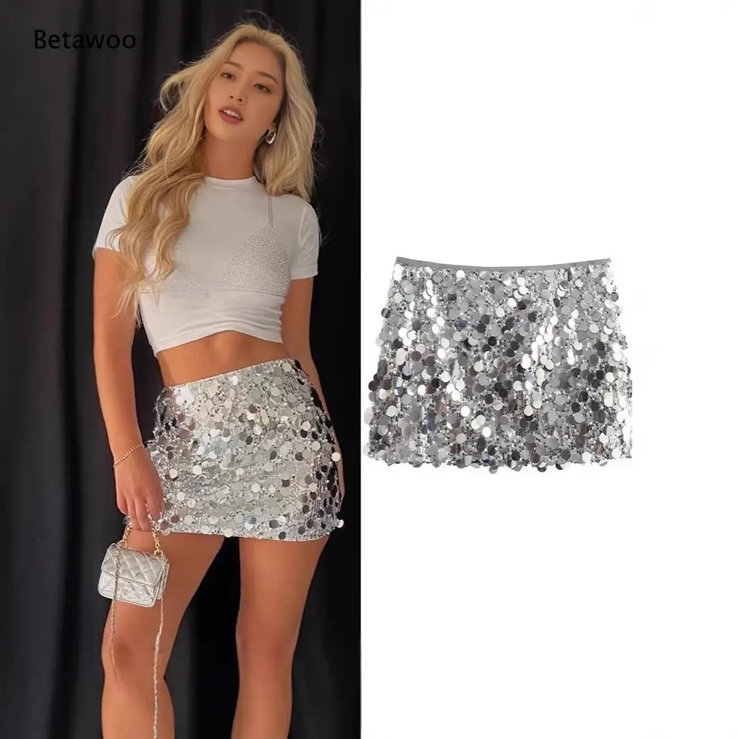Women High Waist Full Sequin Mini Skirt Bodycon Club Party Evening Lifestyle Bottoms