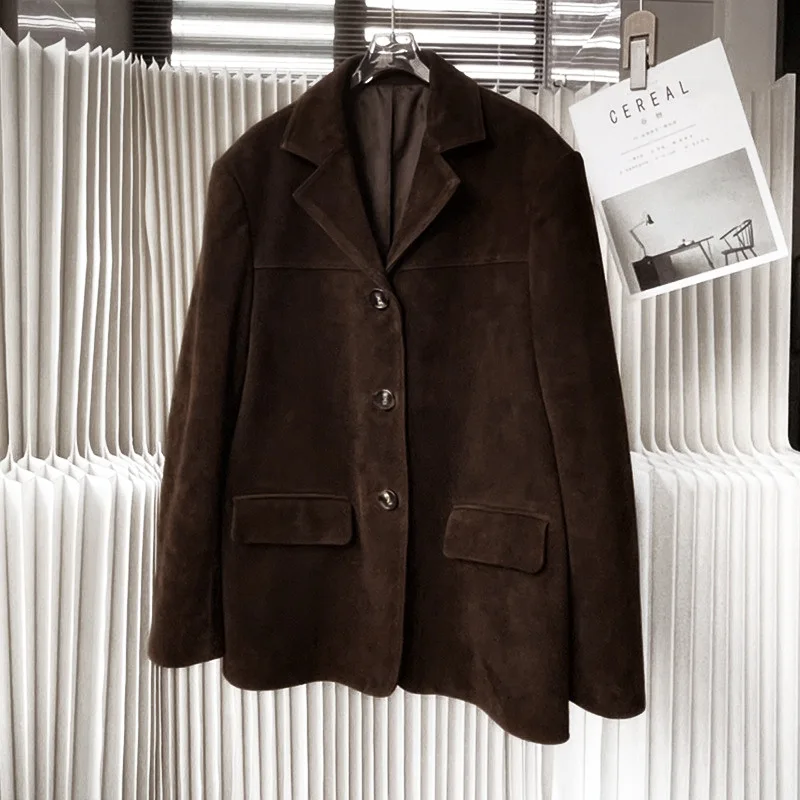 Retro Kid Suede Jacket for Women High Sense Loose Oversized Leather Suit Blazer Female Back Slit Midi Long Coat Single Breasted