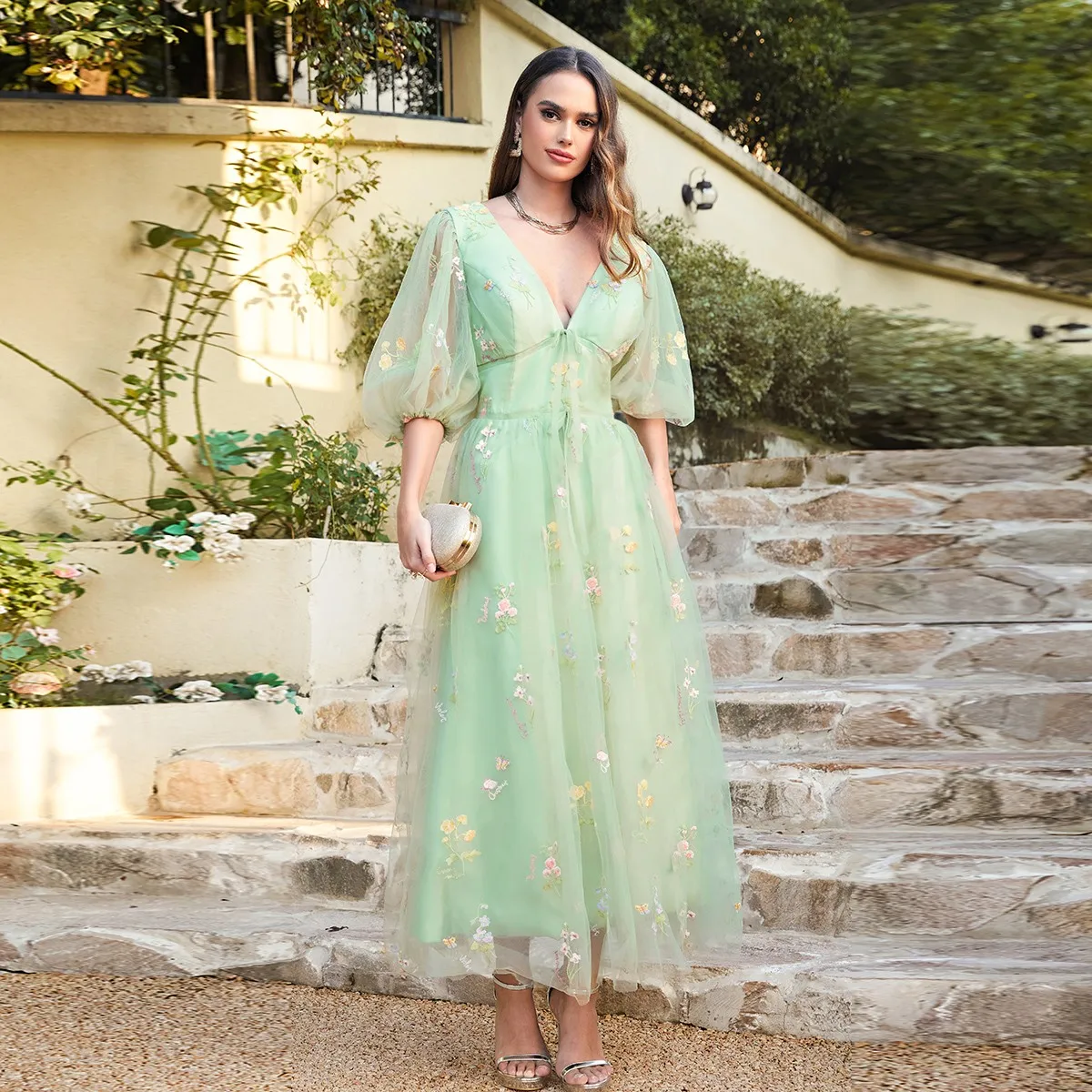 2024 Green Fairy Romantic Embroidered Bridesmaid Dress Tea Lengt Tulle Gown Wedding Gown Elegant for Boho Photoshoot Ball Party