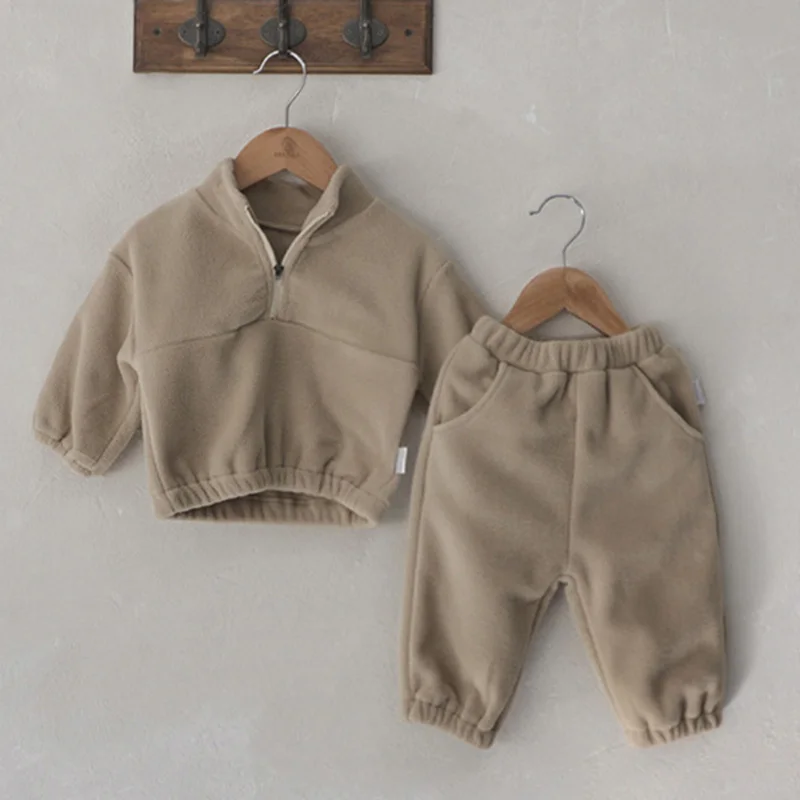 Newborn Baby Boys Girls Clothing Set Long Sleeved Solid Color Pullover Top+Pants Autumn Winter Children Thicken Clothes Suit