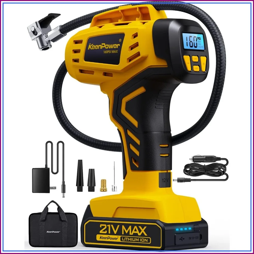 Fast 21V Cordless Tire Inflator 160PSI - Dual Power, Auto Shut Off, LED Light for Car Motorcycle Bike