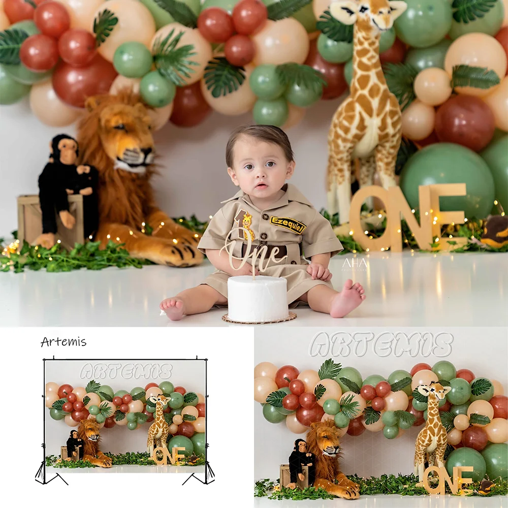 Forest Brown Green Balloons Cake Smash Backdrops Animal Zoo Lion Giraffe ChildrenBirthday Decoration Photocall Photo Backgrounds