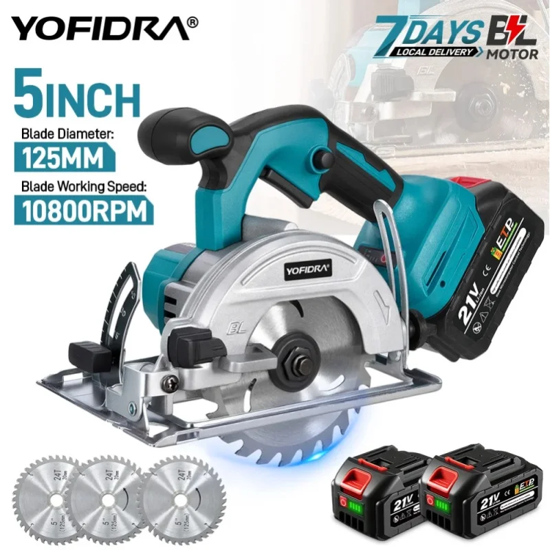 YOFIDRA 5 Zoll 125MM Bürstenlose Kreissäge Kabellose Elektrische Säge Multifunktionales Holzschneidewerkzeug für Makita 18-21V Akku