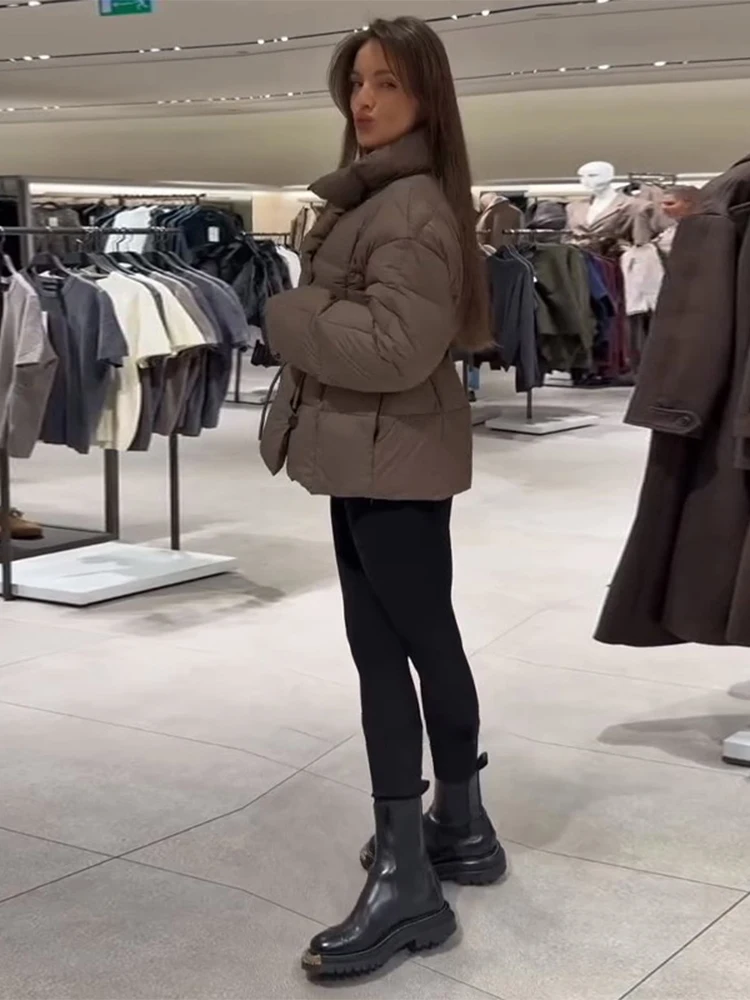 

Повседневное утепленное хлопковое пальто на одной пуговице для женщин, модное, с воротником-стойкой, на шнуровке, с подкладкой, весна 2026, шикарная уличная верхняя одежда