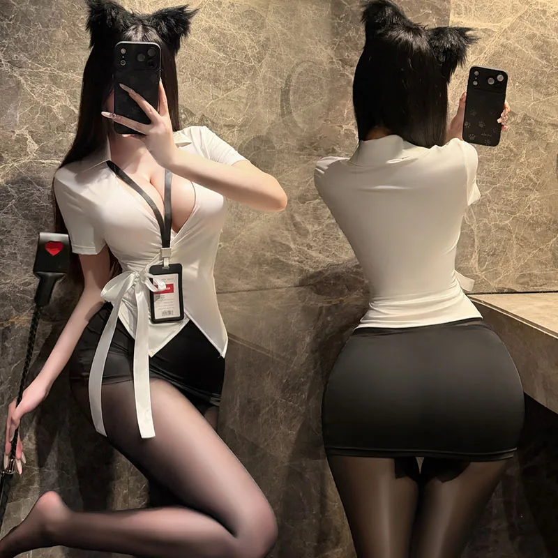 

Women Office Lady Secretary Uniform Sexy Cosplay Costume Short Sleeve Shirt With Mini Skirt Erotic Lingerie Party Teacher Suit