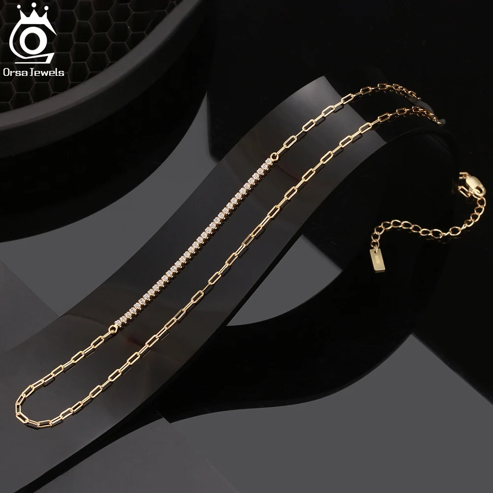 

ORSA JEWELS 925 Sterling Silver Paper Clip 2MM CZ Tennis Chain Choker Necklace Design Daily Women Jewelry Gifts Wholesale SC63