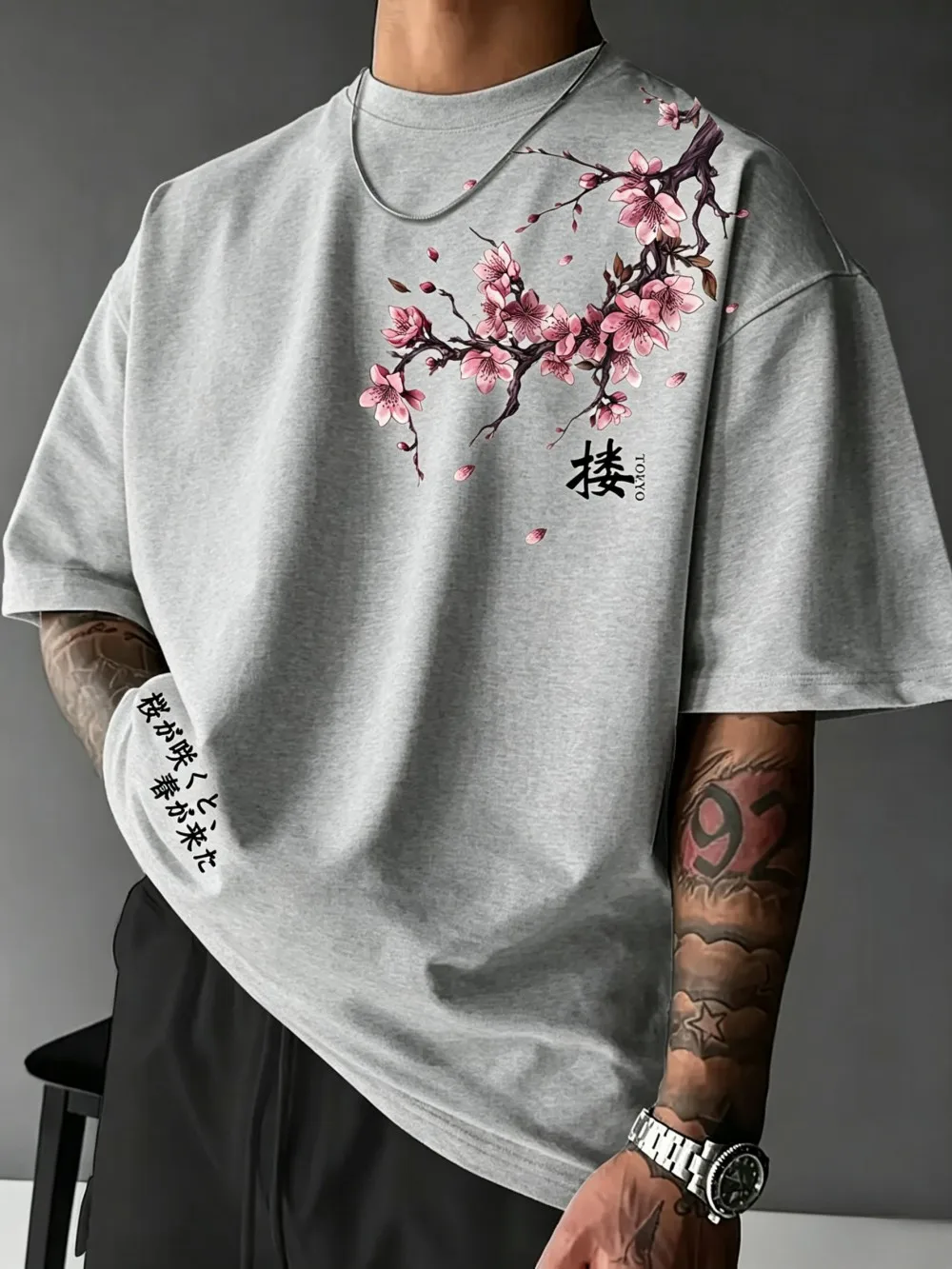 American Men's Summer Cherry Blossom Branch Letter Print Comfortable and Breathable Round Neck T-Shirt Outdoor Street Top