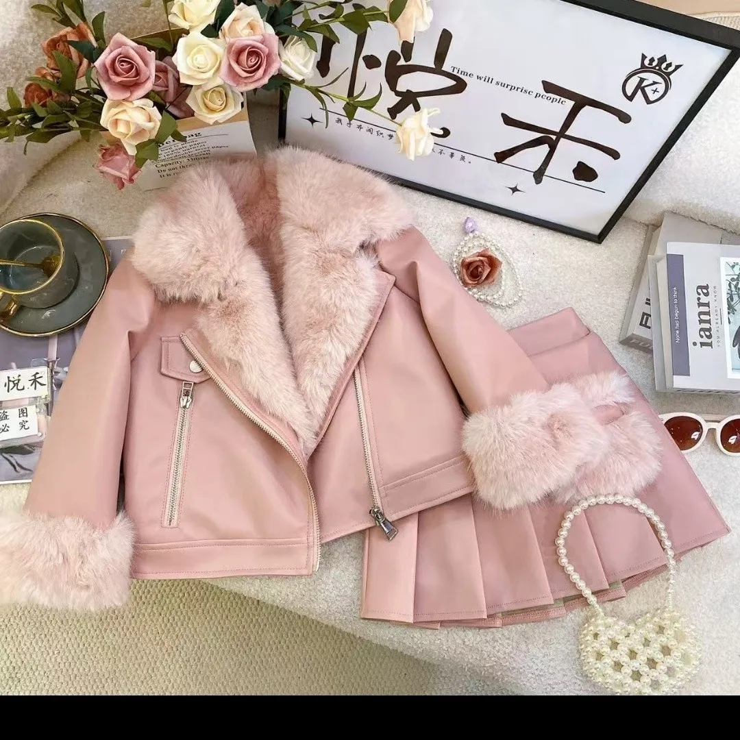 

Girls Warm Lapel Solid Leather Jacket And Pleated Skirt 2-Piece Winter Children's Clothing Set Toddler Girl Outfit