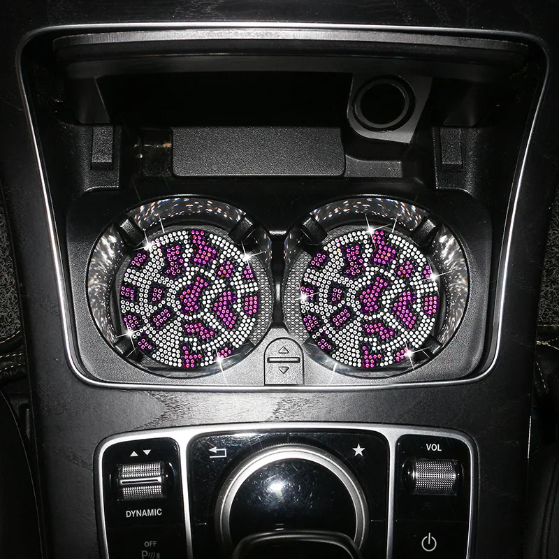 Car Cup Mat Leopard Round PVC Interior Decoration Accessories Bling Glitter Auto Supplies Water Bottle Anti-slip Protective Pad