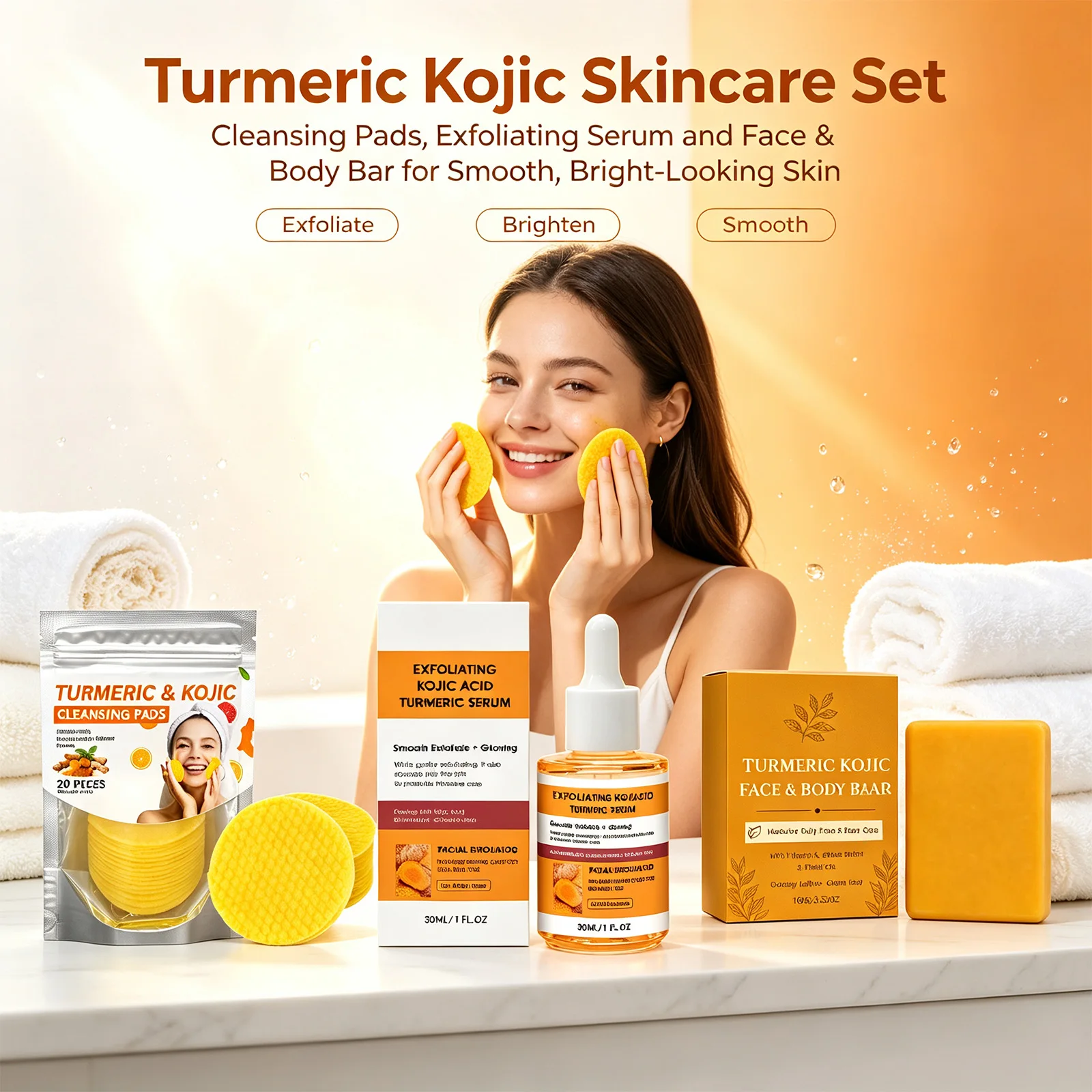 Turmeric Kojic Acid Skincare Set Cleansing Soap Exfoliating Serum Cleansing Pads Brightening Deeply Cleansing Skin Care