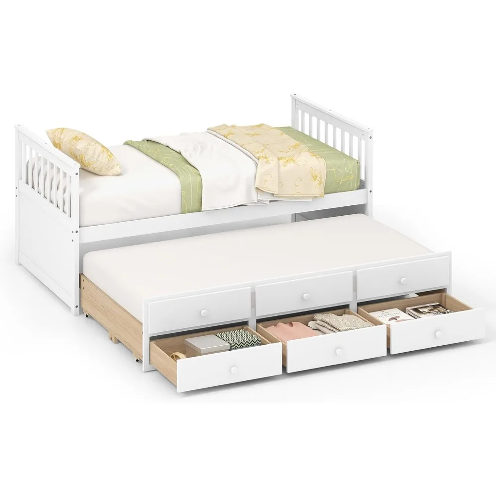 

Trundle Bed Twin Size, Wooden Daybed w/Trundle and 3 Storage Drawers, No Box Spring Required, Modern Captains Bed for Bo