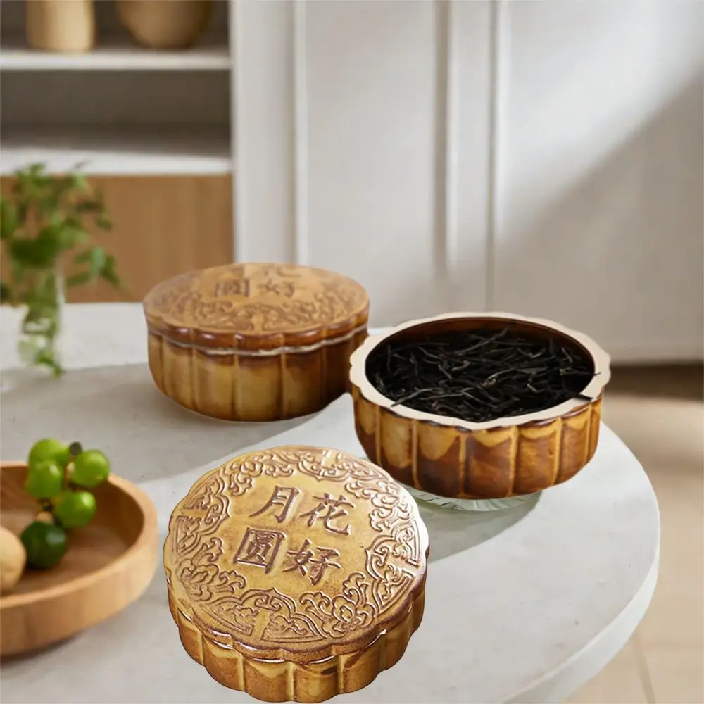

Portable Ceramic Tea Storage Container Round Simulation Mooncake Shape Tea Jar with Lid Sealed Small Storage Box Gift