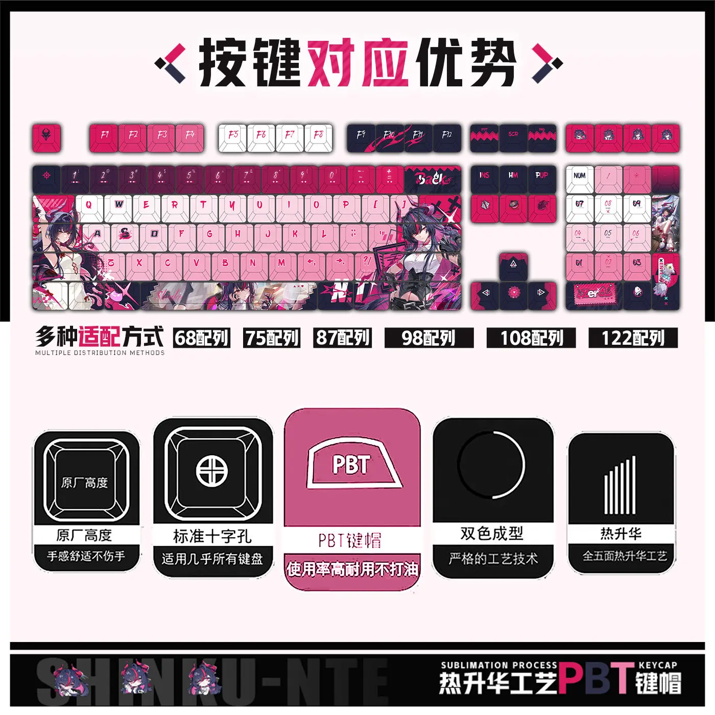 Shiku 122 PBT Keycap Neverness To Everness DYE Sublimation Key Cover Cherry Cross MX Switch Key Caps for Mechanical Keyboard MWW