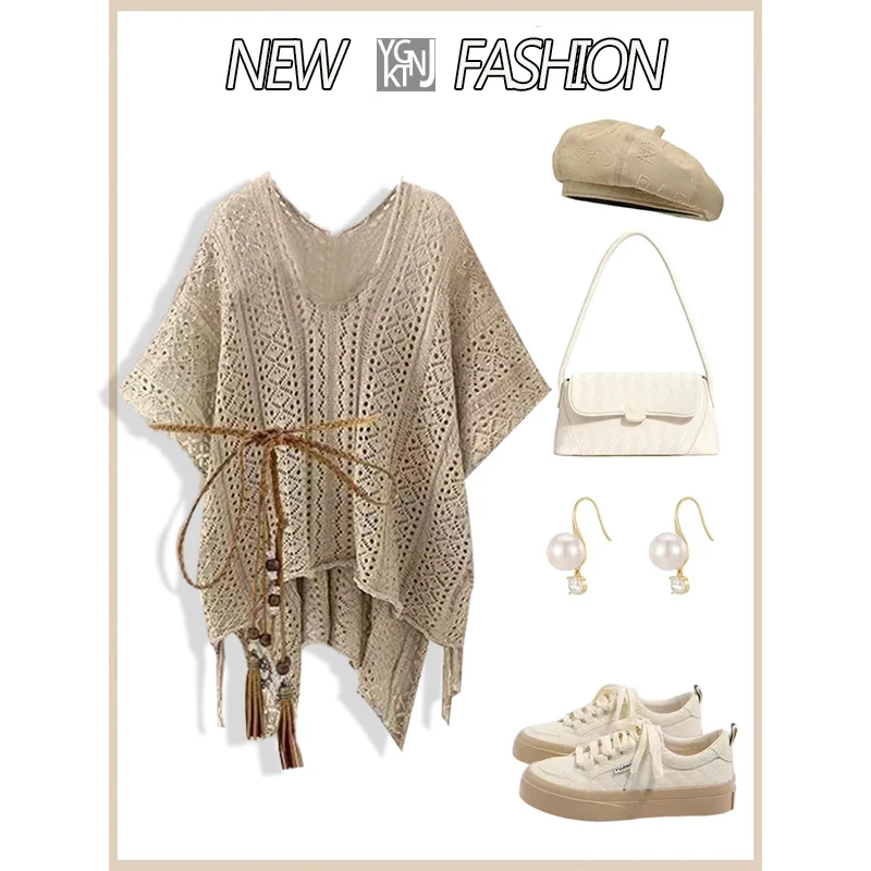 

n Lazy Loose Slimming Knitted Cover up Women's Casual Versatile Asymmetrical Design Top Polyester Fiber V-Ne ort S...