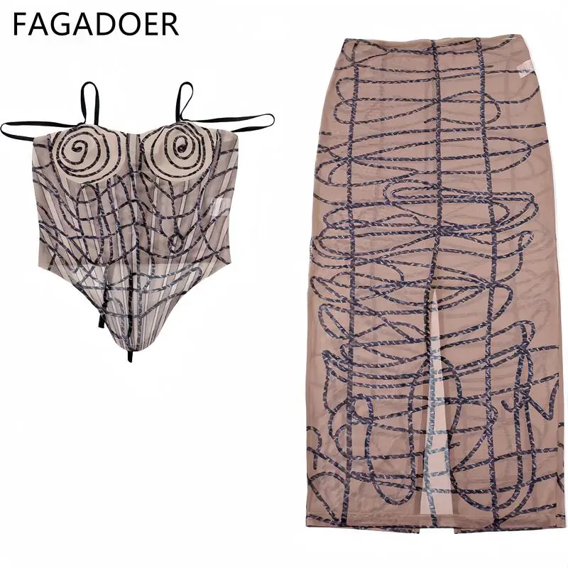 FAGADOER Brown Sexy Mesh Perspective Skinny Skirts Two Piece Sets Women Thin Strap Sleeveless Vest And Skirts Nightclub Outfits