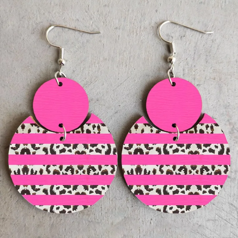 

Retro Wooden Leather Splicing Stripe Patterned Leopard Print Red Color Blo Earrings Faionable Jewelry Accories
