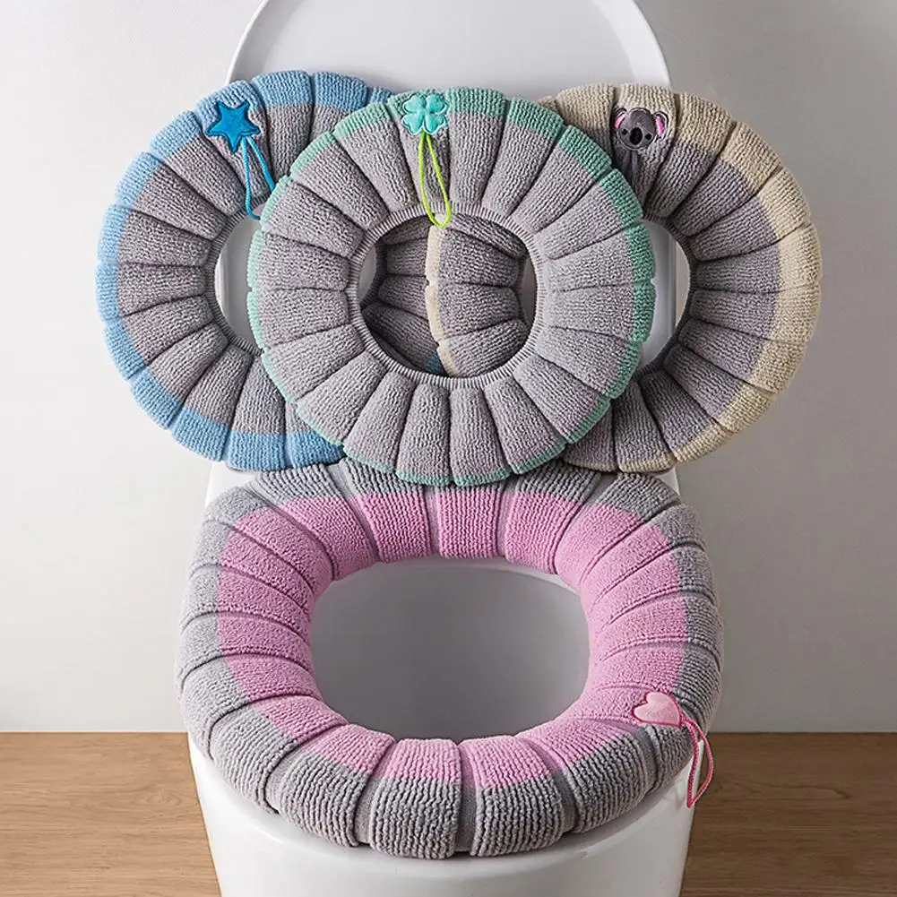 1 Pack Stitched Color Portable Knitted Toilet Mat Thickened Washable Antifreeze Toilet Cover Thickened Knitted O Type Universal