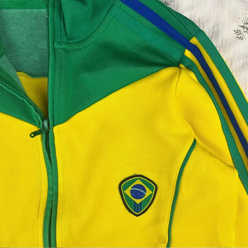 Jaket bordir Brasil jaket kardigan ritsleting pria wanita, Fashion Hip Hop Retro olahraga jalanan populer wanita pria longgar