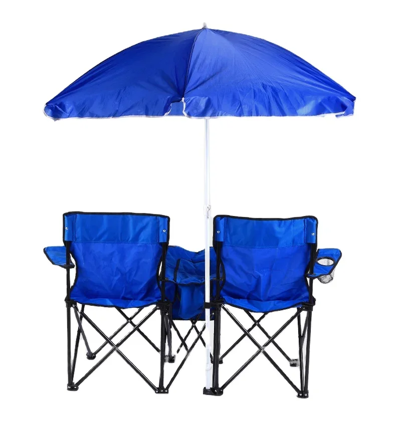 Double Folding Portable Camping Chair Patio Park Canopy Roof Shade with Umbrella Beach for Fishing in Outdoor Settings Iron