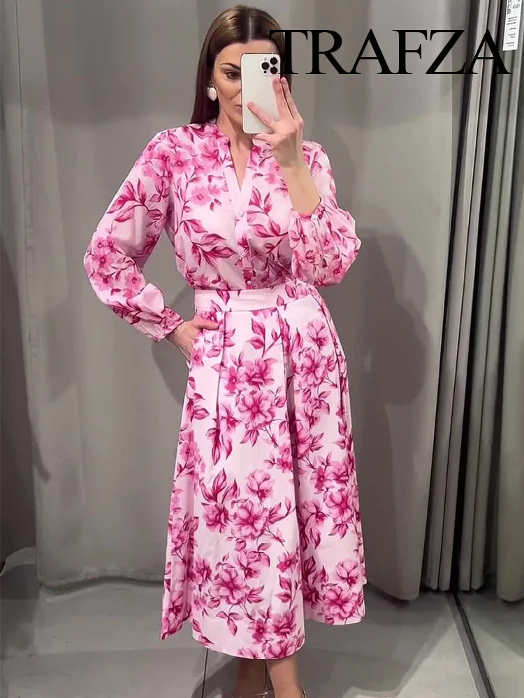 TRAFZA Women 2 Piece Set Floral Print Long Sleeves Single-Breasted Shirts Casual Tops+Fashion High Waist Zipper Slim Long Skirt