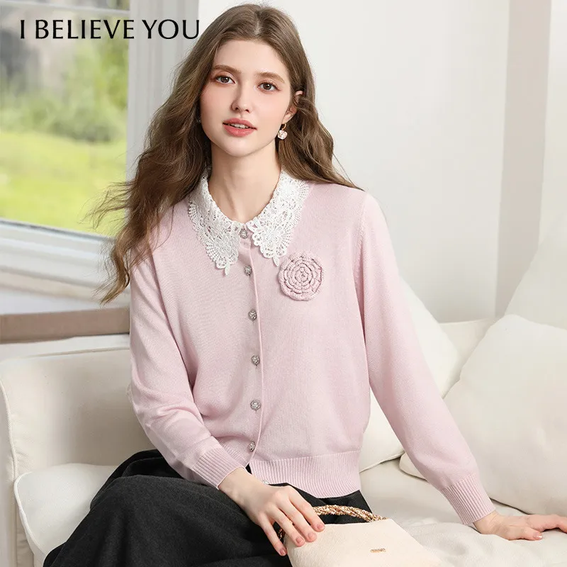 I BELIEVE YOU Women's Wool Knit Cardigan 2026 Autumn Round Neck Hand‑Crochet Flower Sweater Single-breasted Cardigans 2251145941