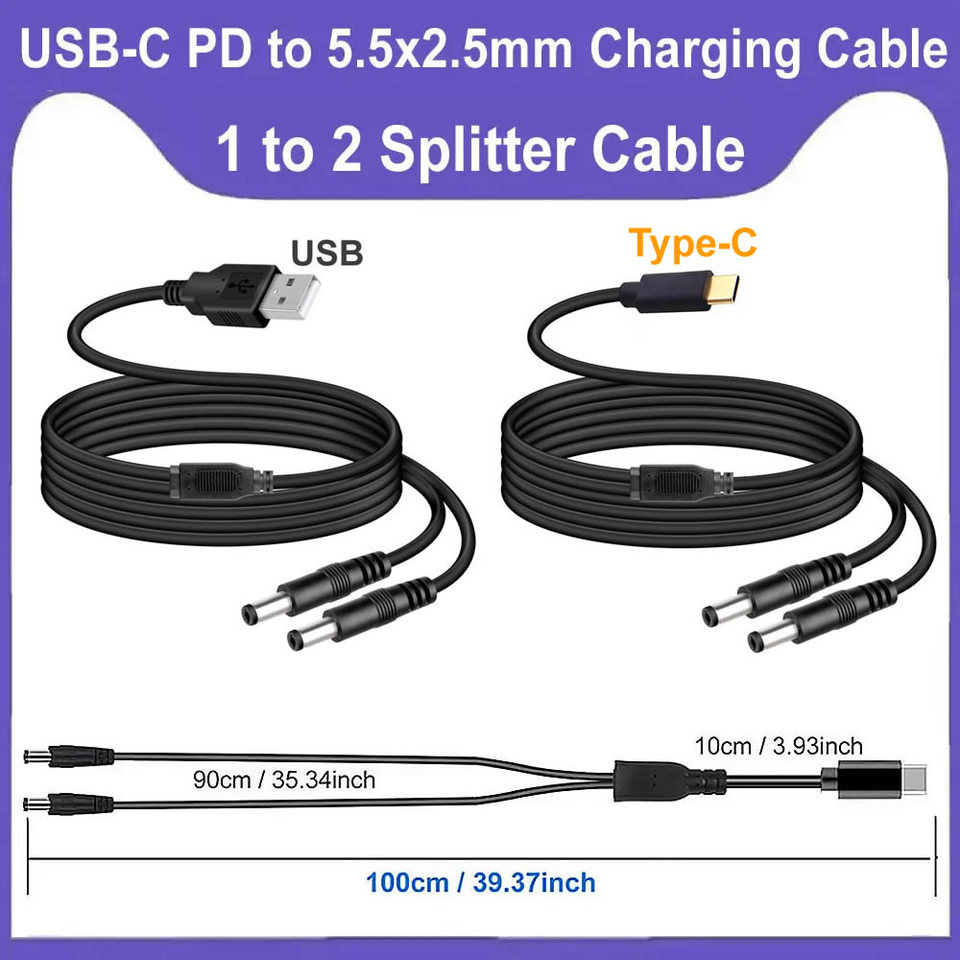 USB Type-C to 2 Dual DC Splitter Cable USB C to DC 5.5x2.1mm 5V Power Supply Cord for LED Strip TV BOX Camera Wireless Router 