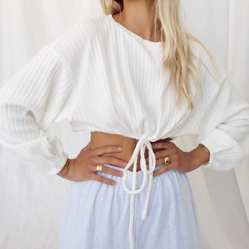 Women Long Sleeve Drawstring Sweatshirt Crop Top Fashion Round Neck Solid Color Tops Clothes for Ladies Female Autumn Spring New