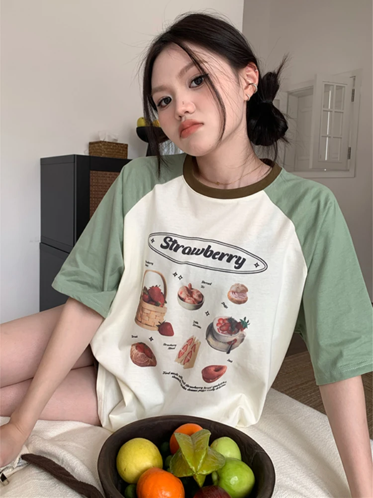 2024 Summer Japanese Contrast Color Loose T-shirts Casual O Neck Cropped Tops Women Short Sleeve Y2k Aesthetic Kawaii Print Tees