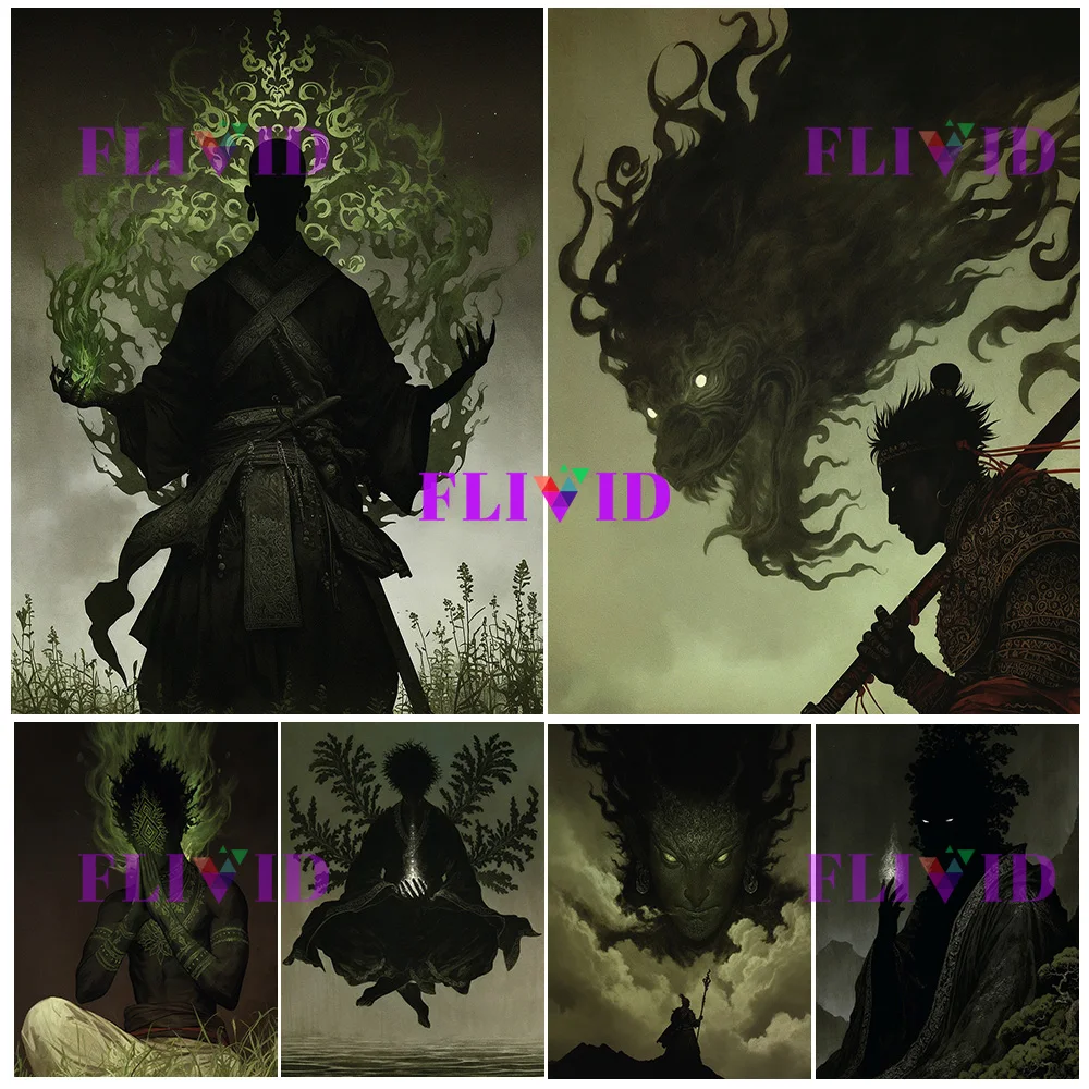 Oriental Fantasy Decorative Paintings Set: Mystical Monks, Drag  Dragon Spirits &Divine Figures Wall Art Canvas Painting Decor