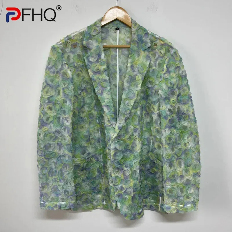 

PFHQ Men's Contrast Color Blazers Trendy Three-dimensional Petal Mesh Summer Thin Handsome Delicacy Versatile Jackets 21Z4406