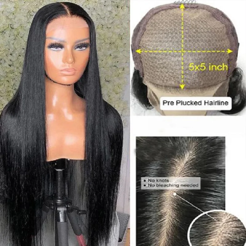 

Silk Top 30inch Black Straight Jewish Human Hair Wigs With Baby Hair HD Lace 5x5 Silk Base European Hair Glueless PrepluckedWig