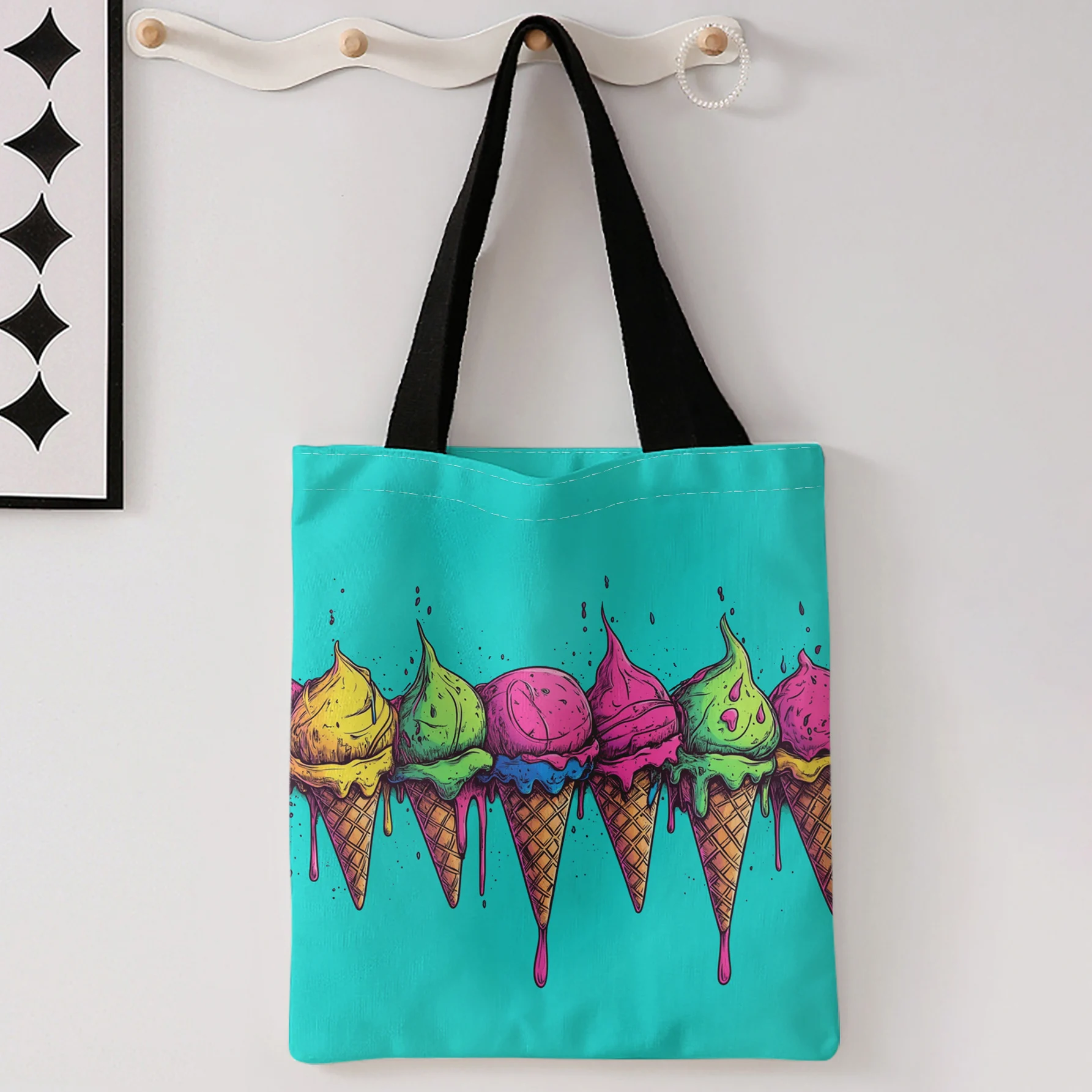 Colorful Dripping Ice Cream Cone Print Cyan Tote Bag With Black Handles Large Shoulder Handbag For Shopping Daily Commute