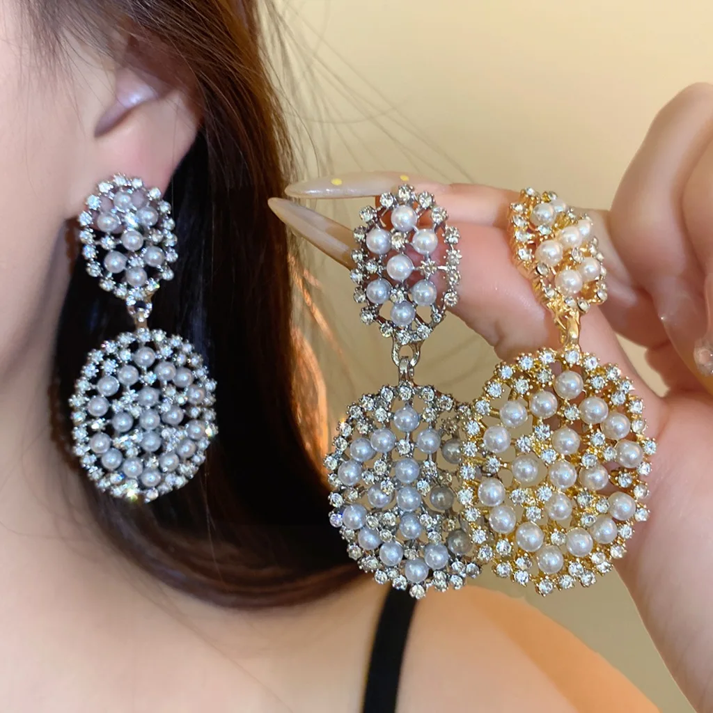 Faux Pearl Rhinestone Dangle Earrings Hollow Round Double‑Layer Drop Earrings Statement Wedding Party Ear Jewelry for Women