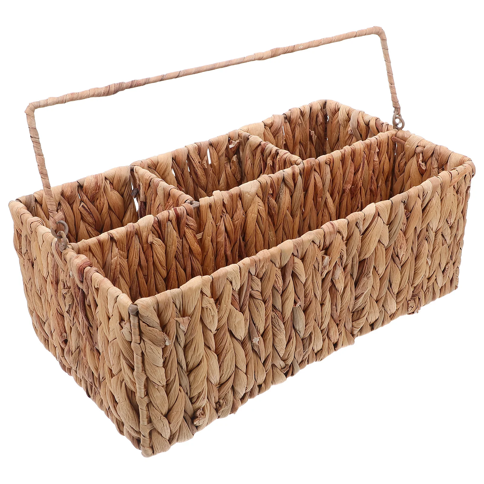 Handwoven Picnic Basket 4 Compartments Silverware Organizer Portable Wicker Utensil Holder Rustic Tabletop Storage