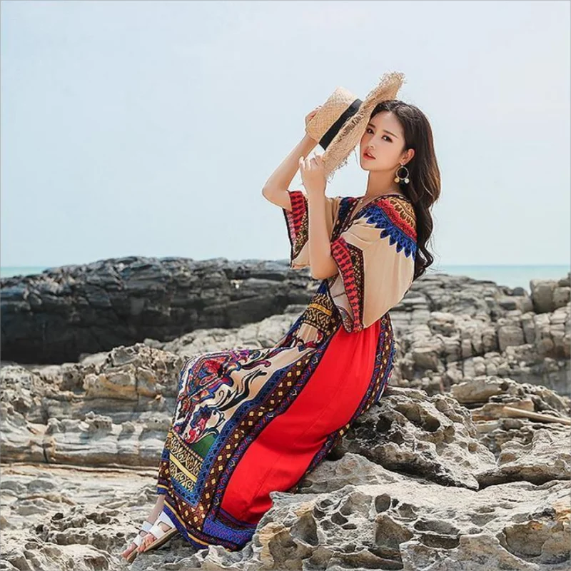 Estate nuova 2025 donna stampa floreale manica a pipistrello spiaggia bohemien maxi abito da donna scollo a V abiti boho estivi