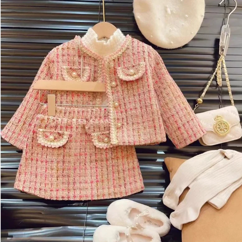 

Winter Pink Baby Girls clothes set Formal Round neck pearl button cotton-padded jacket+Skirt 2Pcs Sets kids suit Princess outfit