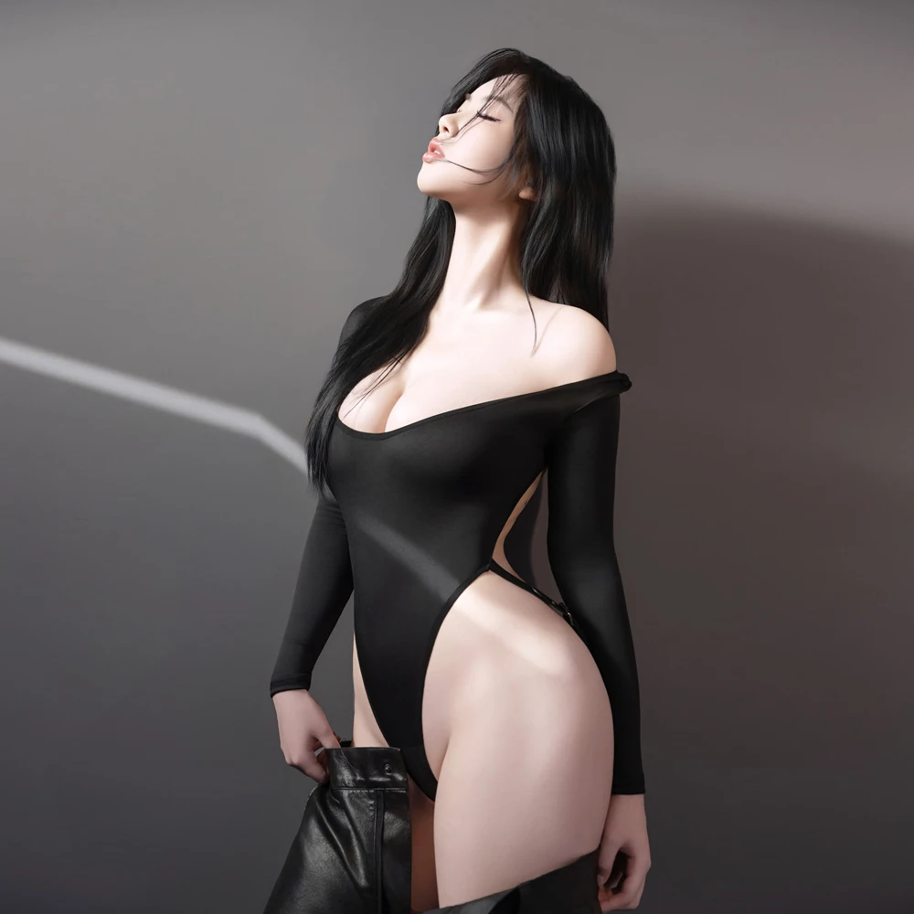 Sexy Women Bandage High Cut Bodysuit Backless Stripe Elastic Tights Long Sleeve Home Yoga Shaping Bodycon Maid Leotard