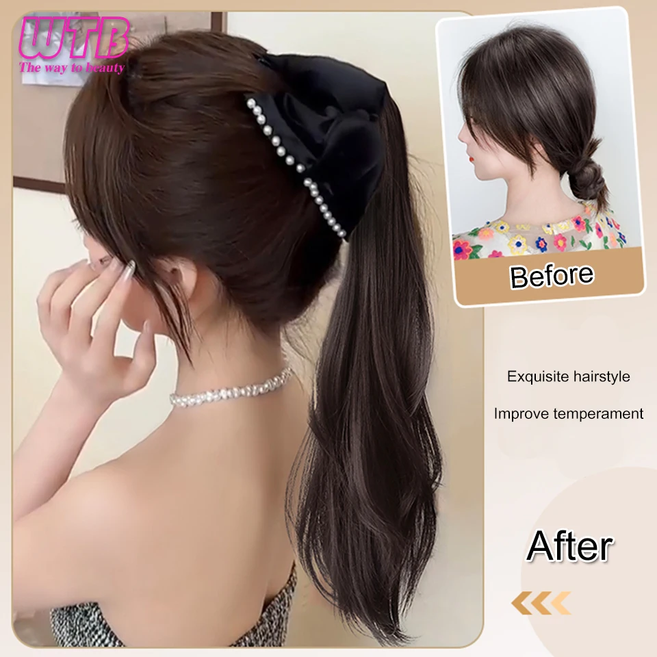 WTB Synthetic Bow Knot Ponytail Wig Clip Type High Ponytail Female Retro Pearl Low Tie Wig Ponytail Braid