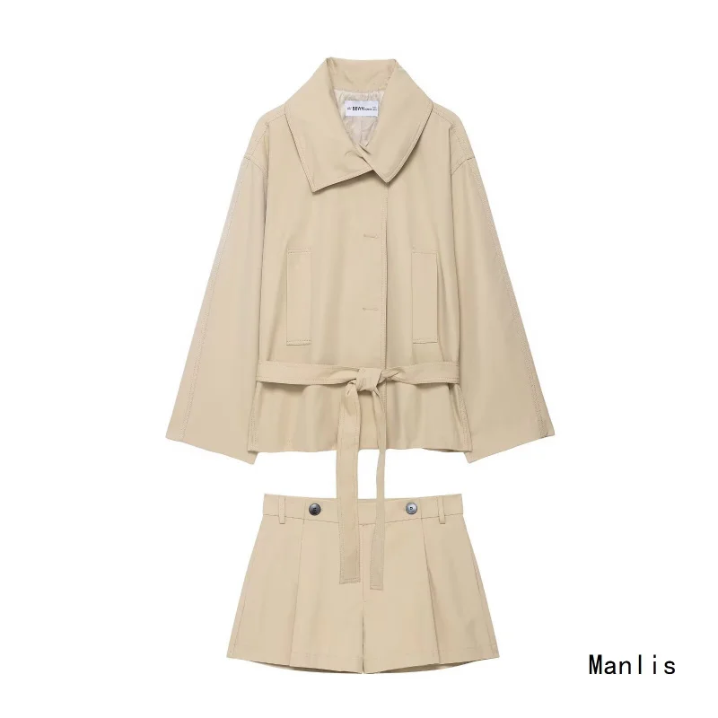 

Европейский и американский стиль2025Новый модный элегантный женский плащ с поясом, шорты