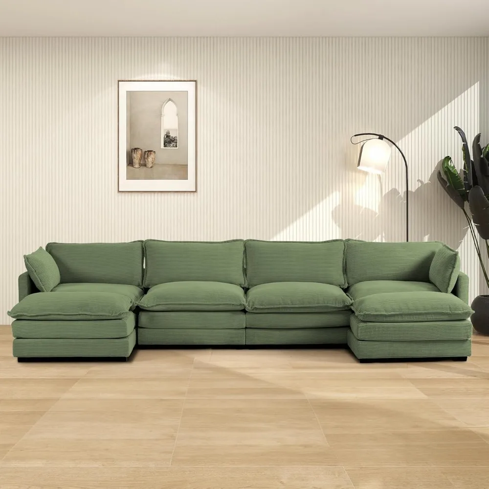 

148'' Sectional Cloud Couch with 2 Ottomans, Oversized 4 Seat Sleeper Sofa with 2 Throw Pillows, Convertible Upholstered