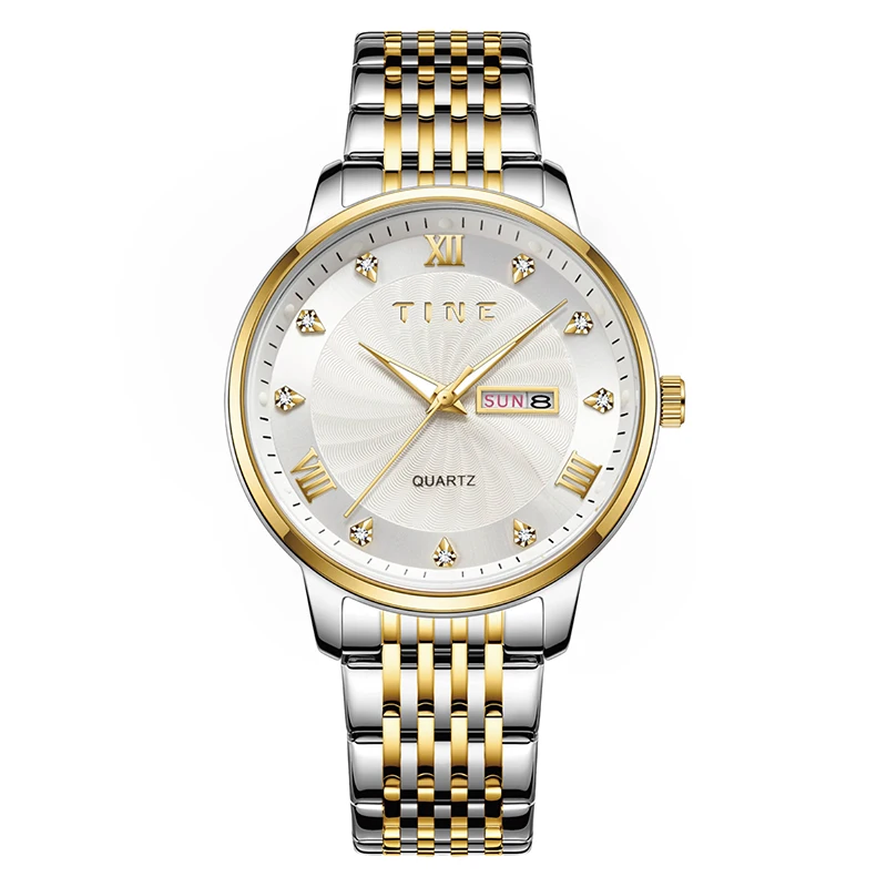 

TINE Fashionable ultra-thin Man Watch Waterproof Luminous Date Week Men's Quartz Wristwatch Stainless Steel Fashion Sports