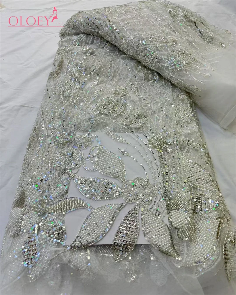 OLOEY High Quality Handmade African Lace Fabric with Beads And Sequins for Wedding Dresses And Parties Latest Fashion Trend