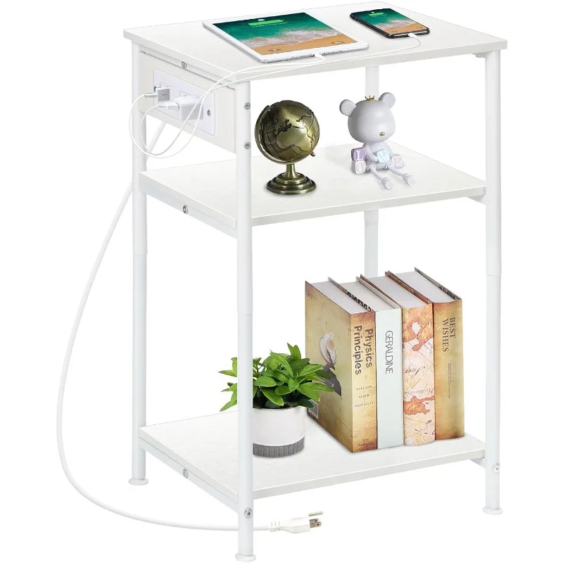 End Table with Charging Station, 3 Tier White Nightstand with Storage Shelf, Narrow Side Table with USB Ports, for Living Room