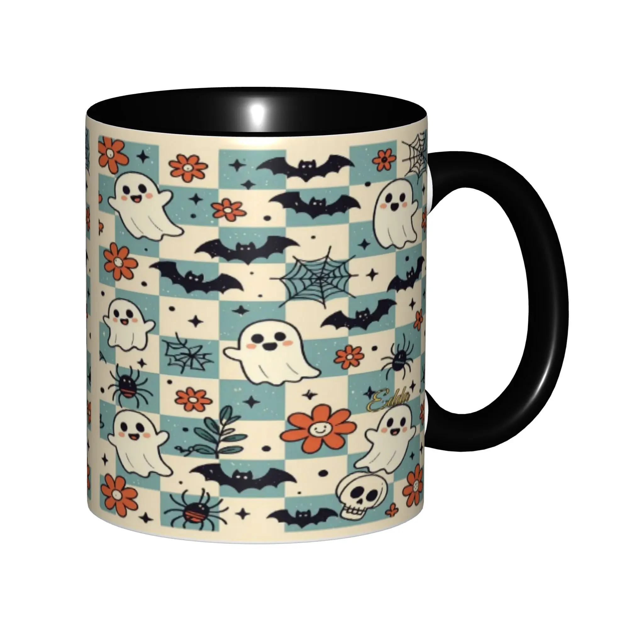 1pc Retro Checkered Ghosts Flowers Ceramic Mug Vintage Teal Halloween Bat Spider Daisy Skull All Over Print Design Drinkware Beverage Cup Drinking Cup Dishwasher Safe Gift for Friend Halloween Lover Halloween Birthday Christmas