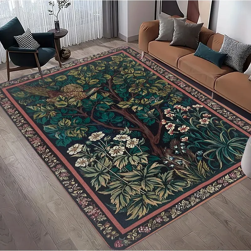 Donker vintage vloerkleed retro bloemen- en vogelprint antislip wasbaar vloerkleed voor slaapkamer meditatie yoga boho luxe - afbeelding 2