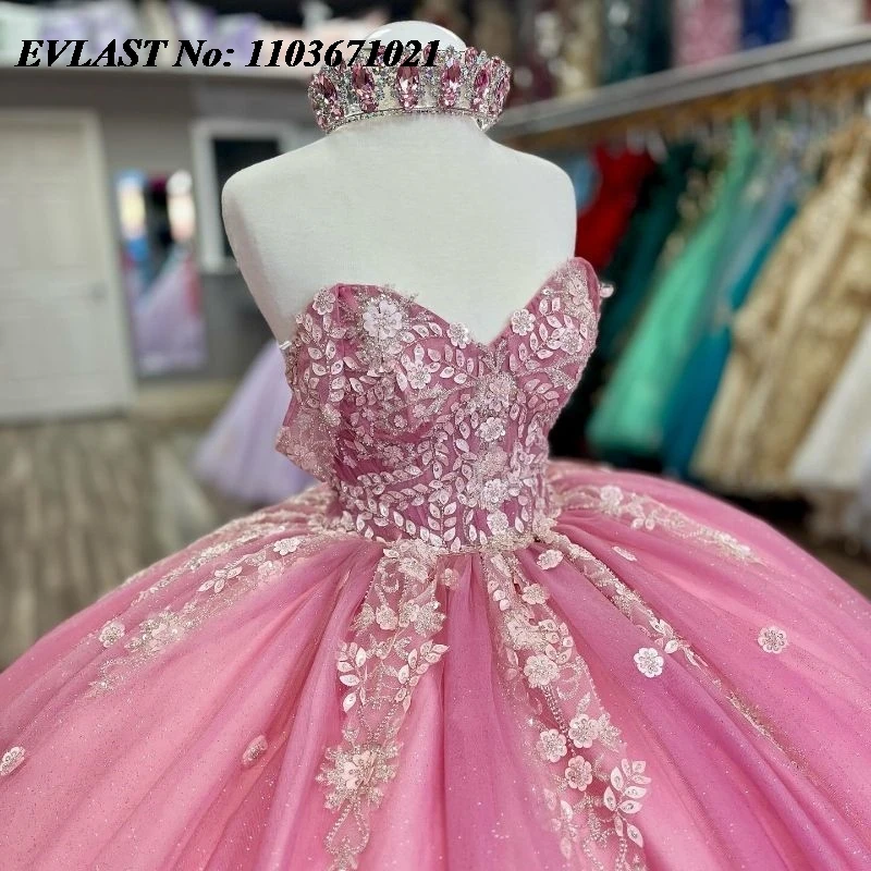 EVLAST-Vestido Quinceanera Rosa Brilhante, Vestido De Baile, Lace Applique, Beading Cristal, Espartilho Mexicano, Sweet 16, SQ208, 15 Anos