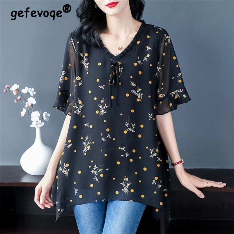 

2023 Women Summer Fashion Print Oversized Blouses Ruffle Lace Up V Neck Short Sleeve Elegant Shirts Asymmetrical Tunic Tops Ropa