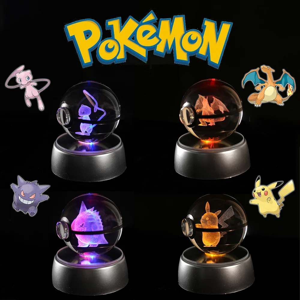 Bola de cristal 3D de Pokémon para niños, figura de grabado, Pikachu, Charizard, Gengar, con Base de luz LED, bola de cristal de Anime, juguete de regalo